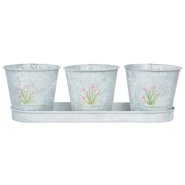 3 ghivece cu tăviță, motiv floral Cepșoară