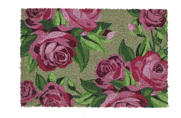 Covoraș din fibră de cocos verde, cu model trandafiri 60 x 40 cm