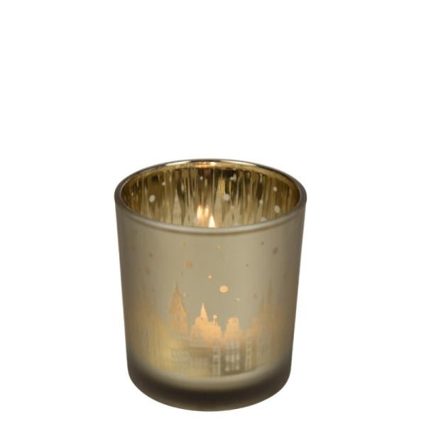 Suportul pentru lumânări din sticlă, cu tematică de oraș de iarnă